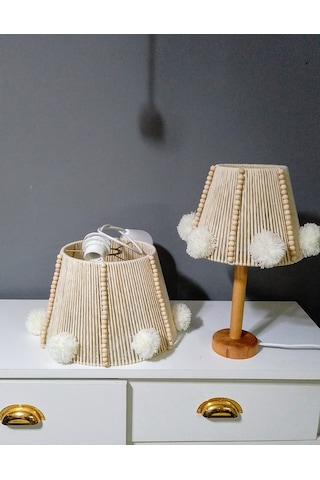 Çocuk Odası Avize Bebek Odası Avize Makrome Abajur Set Boncuk Ponpon Avize Ekru