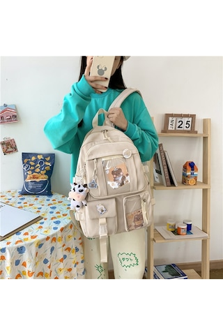 Monyee Kadınlar İçin Japon Stili Okul Çantası, Gençler Ve Öğrencilere Uygun, Pembe Güzellik, Beyaz + İnek Desenli + Rozetli Sırt Çantası Beyaz