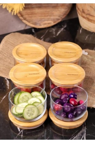 Duo 300ml 6'li Bambu Tepsili Bambu Vakumlu Kapaklı Cam Kahvaltılık Diğer