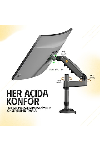 Monitör Standı North Bayou H100 2026 Yeni Model Amortisörlü Tekli Monitör Standı Gri 17-32 Inç - 2-9 Kg