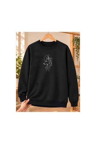 Mor Mürekkep Bozkurt Profili Daire Ve Yıldızlar Baskılı Bisiklet Yaka Sweatshirt - Siyah