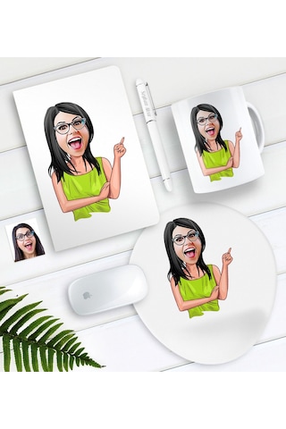 Kişiye Özel Bayan Karikatürlü Defter Kalem Kupa Mouse Pad Seti-19