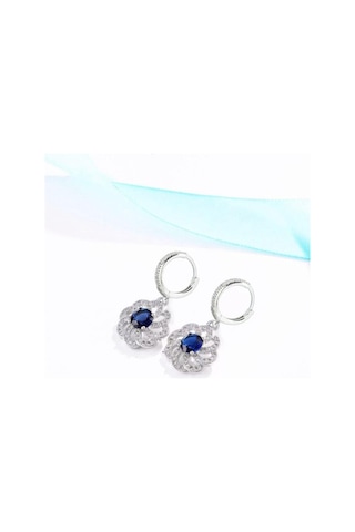 Brezza Lusso Jewelry Gümüş Lüks Mavi Safir Taşlı Çiçek Model Kadın Kolye Küpe Set