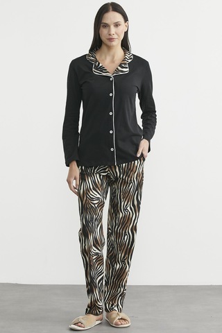 Desen Kombinli Düğmeli Pijama Takım - Siyah Siyah