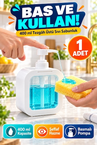 400 Ml Tezgâh Üstü Sıvı Sabunluk Şeffaf Hazneli Banyo Mutfak Lavabo Bulaşık Deterjanlık 1 Adet Beyaz