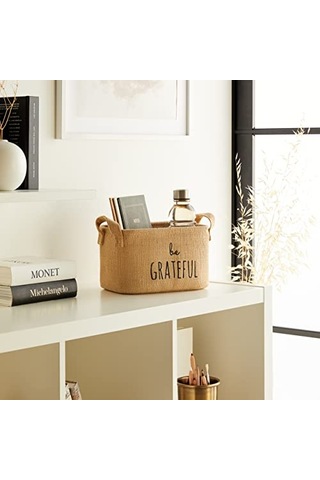 Ocean Home Textile Baskılı Jüt Dikdörtgen Sepet //24x17x14 Aahşap
