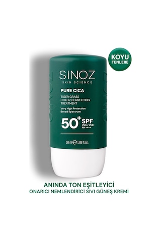 Sinoz Pure Cica Tiger Grass Anında Ton Eşitleyici Onarıcı ve Nemlendirici Sıvı Yüz Güneş Kremi SPF50+ PA++++ 50 ML