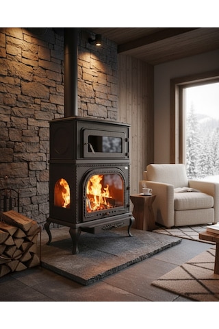 Reyo Stove Abant Üç Camlı Yan Kapak Fırınlı Döküm Şömine Soba
