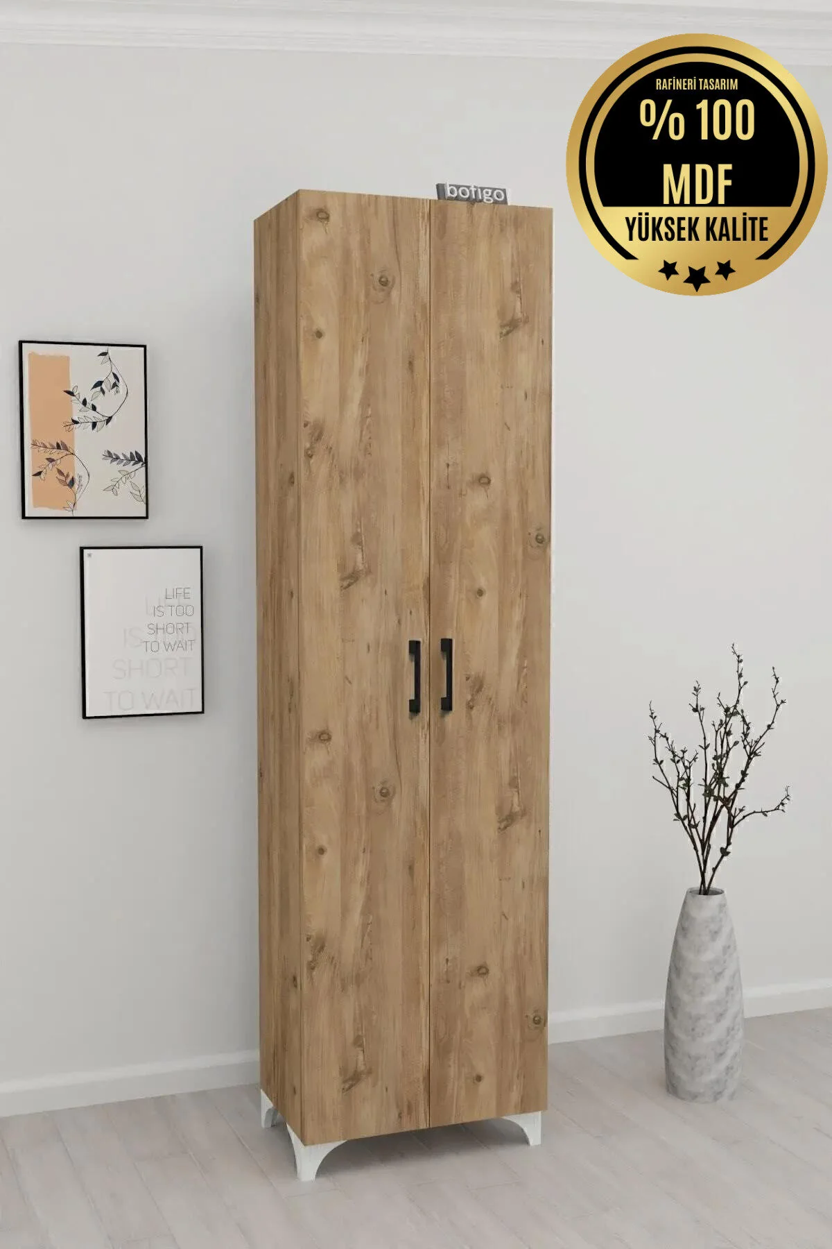 8 Raflı Mdf Beyaz 2 Kapaklı Çok Amaçlı Mutfak Dolabı Krem