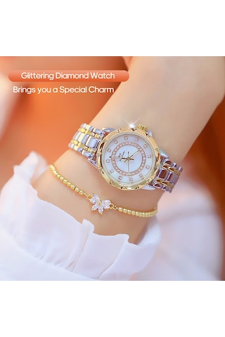 Leezsing Kadın Moda Saat Metal Kasa Bant Analog Kol Saati Parıldayan Elmas Kuvars Saat