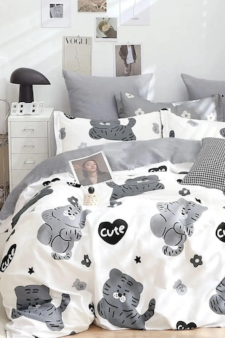 İqon Lastikli Çarşaflı Nevresim Takımı Çift Kişilik Cute Beyaz Cute Beyaz