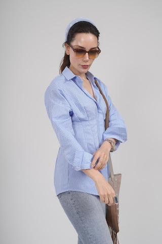 Mayrem Kadın Mavi Çizgili Bel Oturtmalı Oversize Gömlek Bluz