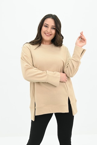 Kadın Büyük Beden Oversize Yırtmaç Detaylı Sweatshirt 1865-25 Bej