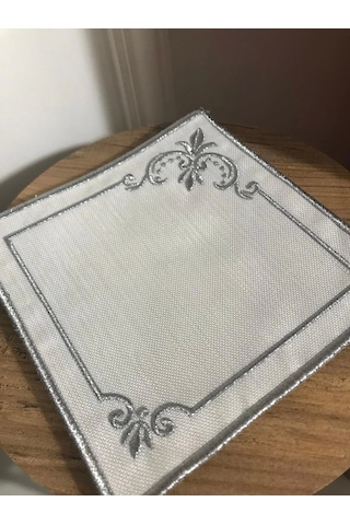 Nivemeshome Mihrimah Nakışlı Gümüş Kare 6 Adet Keten Kokteyl Peçetesi Kahve Yanı Sunumluk Gümüş