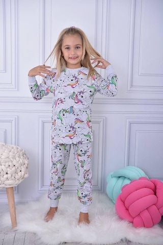 Kız Çocuk Gri Melange Üzeri Çok Renkli Sevimli Efsanevi At Desenli Basic Pijama Takımı 2 Parça Gri Melanj