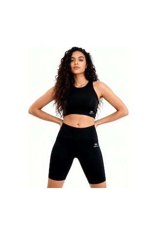 Tommylife Siyah Yüksek Bel Toparlayıcı Dar Kalıp Crop Biker Kadın Tayt Takım - 95302