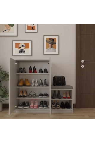 Asra Trend Puflu Ayakkabılık A-23 %100 MDF Minderli Geniş Portmanto Kül Gri
