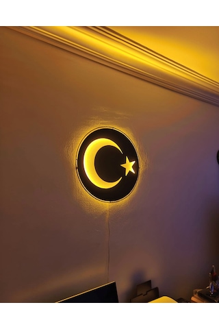Motto Dekor Lazer Kesim Amber Led Işıklı Metal Türk Bayrağı Görselli Duvar Dekoru Duvar Aydınlatması Siyah