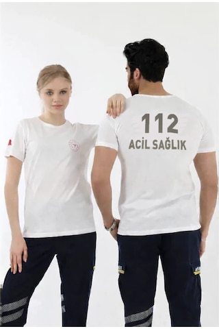 112 Acil Sağlık Yuvarlak Yaka Penye Kısa Kol Tshirt - Beyaz