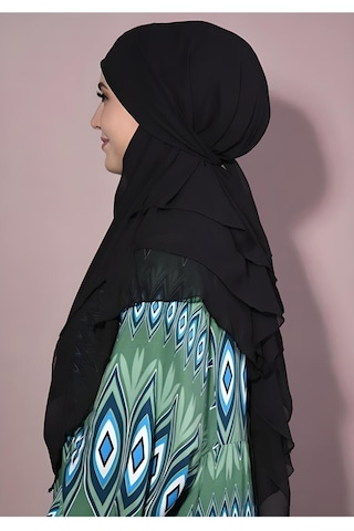 Melodi Scarf Kadın Tesettür Sufle Khimar Peçeli Üç Katlı Şifon Şal Siyah Siyah