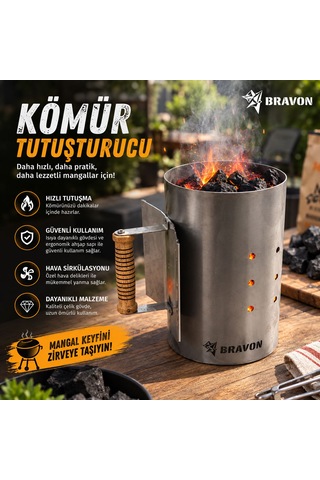 Bravon Outdoor Tutuşturma Bacası , Kömür Ateşleme Bacası, Har Bacası,1,2mm Paslanmaz Ömürlük , Siperlikli
