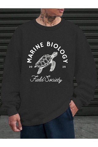 Tarzsokak Deniz Biyolojisi Kaplumbağa Baskılı Sweatshirt Erkekler İçin Bisiklet Yaka Günlük Kazaklar Po Antrasit