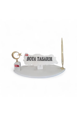 Doğal Beyaz Mermer Masa İsimlik Gold Kalem Ve Ayyıldız
