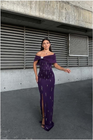 Lior Design Kadın Trend Dik Yaka Taş Detaylı Maxi Abiye Elbise Mor