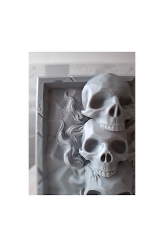 14x14 Cm Üçlü Kuru Kafa Dekoratif Duvar Paneli Alev Desenli 3d Baskı Tablo