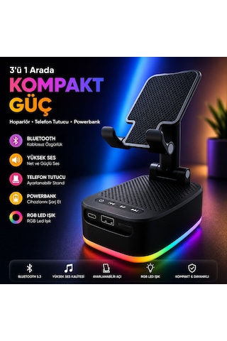 Rgb Ledli 3 In 1 Telefon Tutucu Powerbank Ve Bluetooth Hoparlör Özellikli Tf Kart Ve Usb Bellek Destekli Taşınabilir Telefon Tutucu