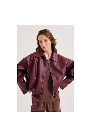 Meecy Yeni Sezon Suni Oversize Bomber Deri Ceket Bordo Bordo
