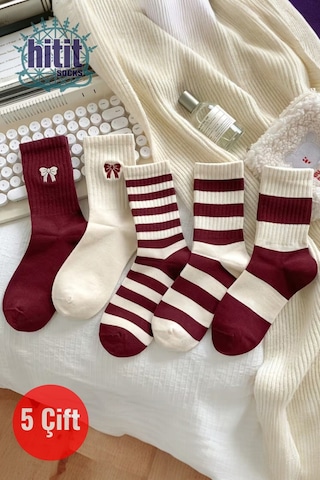 Hitit Socks Kadın 5 Çift Premium Kalite Kırmızı Beyaz Çizgili Kurdele Detaylı Uzun Kolej Çorap Çok Renkli
