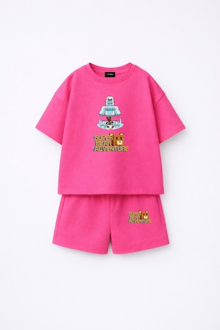 Fasardi Super Bear Adventure Süper Ayı Baskılı Oversize %100 Pamuk Kısa Kollu Unisex Çocuk T-shirt Fuşya