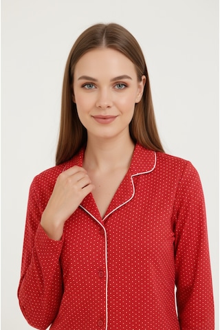 Bravie Luxury Viscose Kırmızı Puantiye Desenli Kadın Uzun Kollu Büyük Beden Pijama Takımı 42517 Bordo