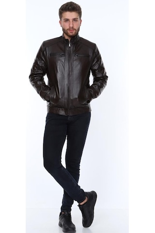 Hakiki Kuzu Derisi Fermuarlı Slim Fit Erkek Deri Ceket Kahverengi Kahverengi