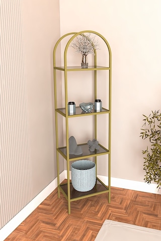 Mona Gold Köşe Kitaplık Dekoratif Aksesuar Rafı Mutfak Rafı 40cm Füme Camlı