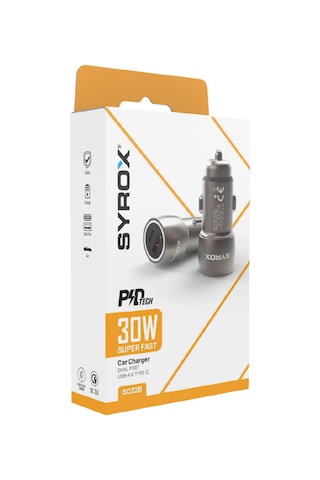 Syrox Sc32b 3.1a 30w Pd Q.c. 3.0 1xtype-c + 1xusb-a Çıkışlı Hızlı Araç Şarj Cihazı - Metalik Füme