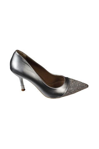 Yazkış Kadın Siyah Gümüş Cilt Önü Ve Topuğu Taşlı 9cm İnce Topuk Stiletto Ayakkabı Gümüş