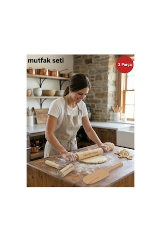Kamptek Ahşap 3 Lü Mutfak Hazırlık Seti Merdane 35 Cm Rulo Merdane Hamur Çevirme Sptulası