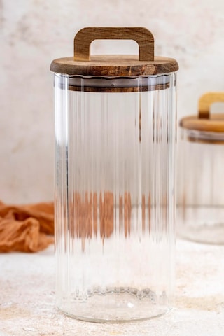 Qerhome Borosilikat Cam Optik Çizgili Akasya Kapaklı Kavanoz Zahire 3200 Ml Şeffaf