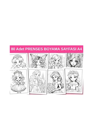 80 Adet Prenses Boyama Sayfası A4 Boyut, Kaliteli Basım,