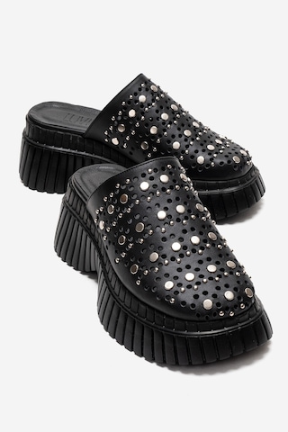 Luvishoes Harlow Siyah Cilt Hakiki Deri Troklu Kadın Dolgu Tabanlı Terlik