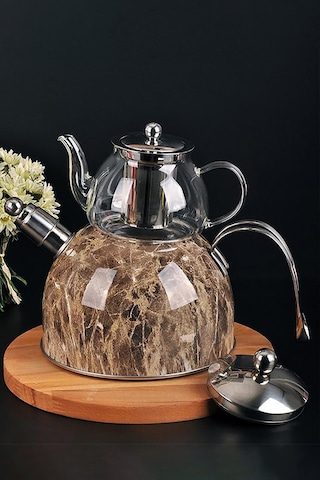 Nishev Mermer Düdüklü Çelik Cam Çaydanlık Takımı Kahve Kahve
