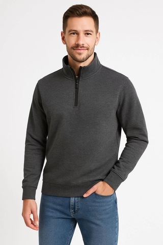 Erkek Dik Yaka Sweatshirt Dik Yaka Yarım Fermuarlı 3 İplik Şardonlu Pamuk Kumaş - Antrasit Antrasit