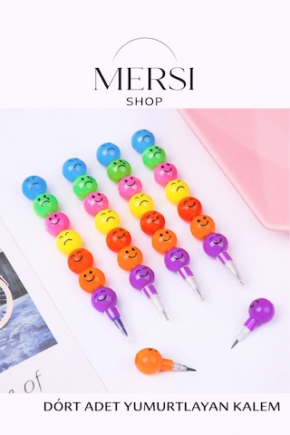 Emojili Yumurtlayan Kalem Seti 4'lü Renkli Ve Döngü Uçlu Eğlenceli Kalemler Çok Renkli