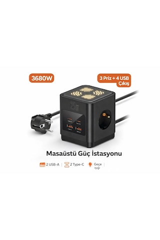 3680w 3 Lü Çoklu Priz 2 Usb 2 Type-c Gece Işıklı Masaüstü Küp Priz Şarj İstasyonu 1 - 3 M