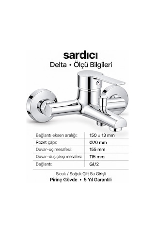 Sardıcı Delta Krom Pirinç Banyo Bataryası Dirsek Rozet Dahil