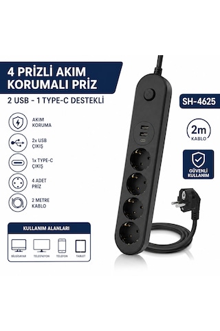 Sh-4625 4 Lü Topraklı Akım Korumalı Çoklu Priz 2 Usb 1 Type-c Çıkışlı 2 Metre Kablolu Anahtarlı Grup Priz Uzatma Kablosu 2 M