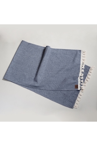 Vivamaison Lacivert Düz Püsküllü Pamuk Kumaş 45X150 CM Runner