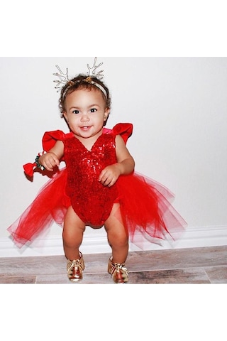 Sevgililer Günü Bebek Bebek Kız Tül Kalp Romper Tulum Tulum Kıyafet Kostüm Boyutu 0-3y Kırmızı